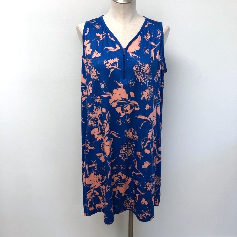 J. Jill Fit Dress Womens Large Blue Floral Zip Scoop Neck Racerback Pockets